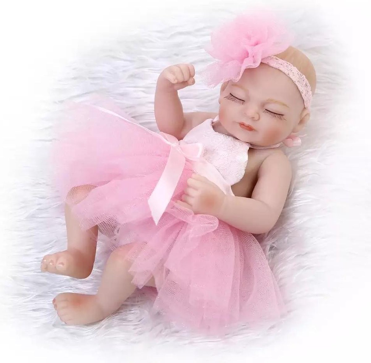 Kleine look a like reborn baby - 28 cm - Roze jurkje met tutu, onderbroekje & haarband - Soft silicone - Met geboortecertificaat